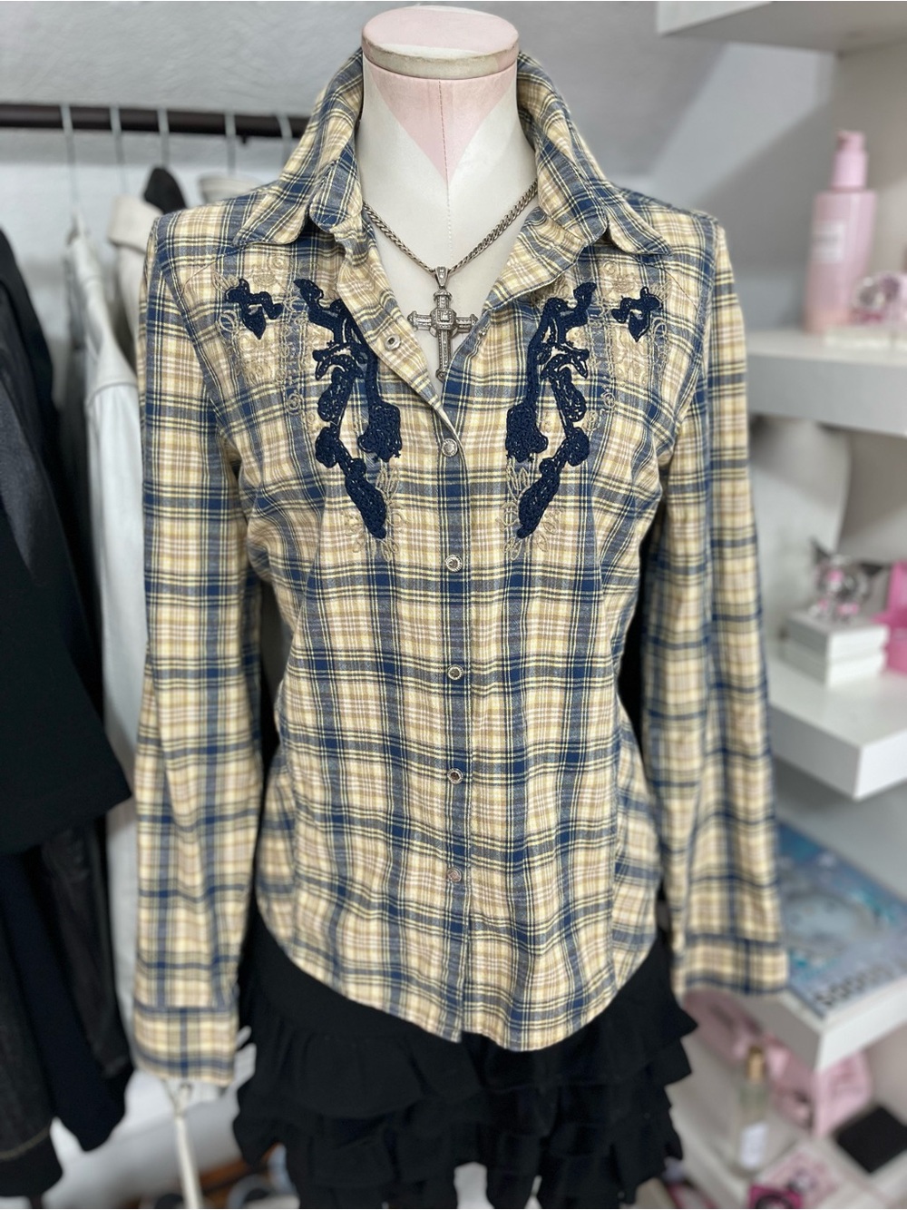 Embroidered Plaid Button-Down Shirt - Yellow & Navy